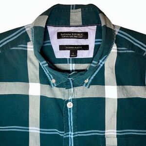 Banana Republic Custom Wash Slim Fit Plaid Shirt in Teal/White Men’s L